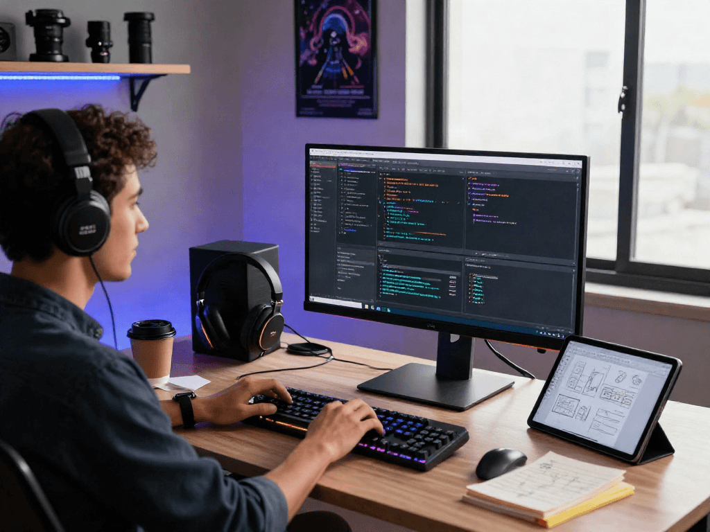 Scène de travail moderne avec Iron tv pro en codage sur un bureau stylé, ambiance tech dynamique.