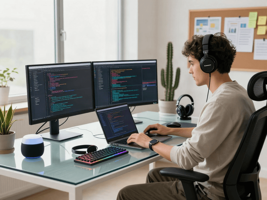Un ingénieur logiciel au travail dans un espace moderne, mettant en avant Atlas pro et l'innovation technologique.