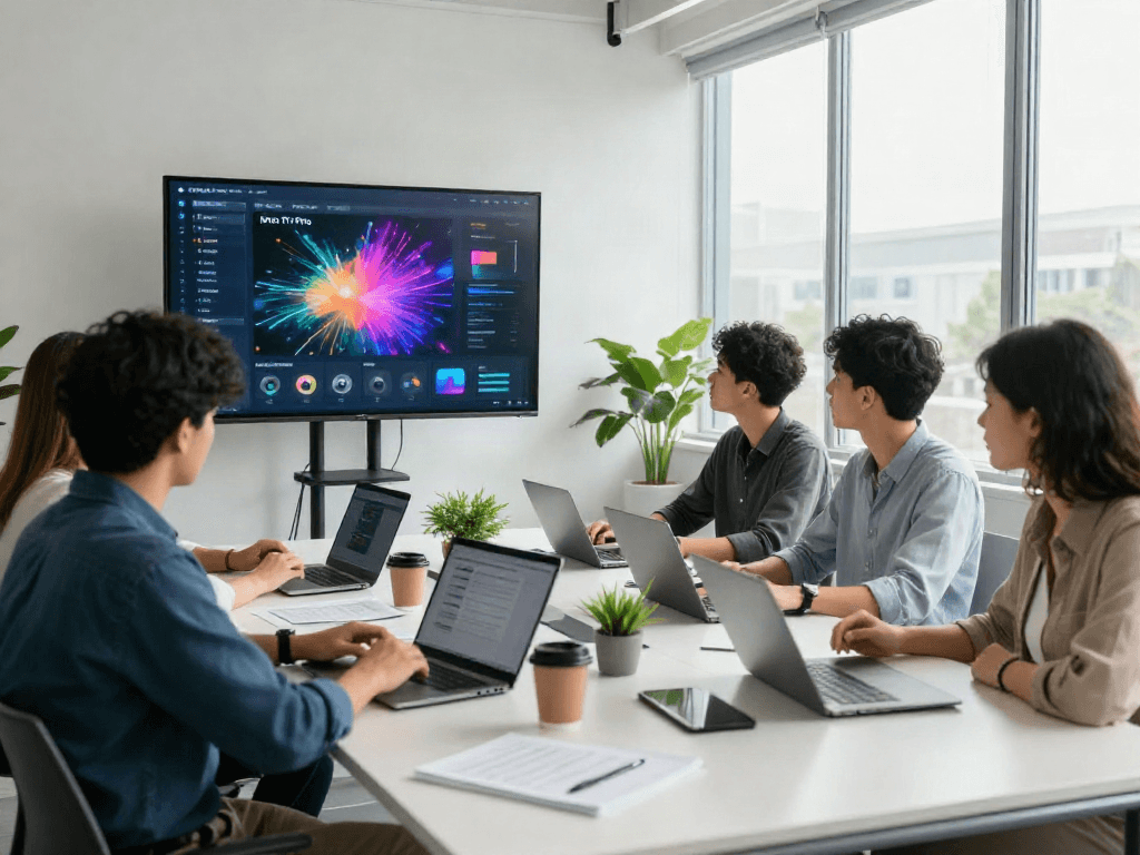 Dynamic team collaborating on Iron tv pro interface in a modern workspace