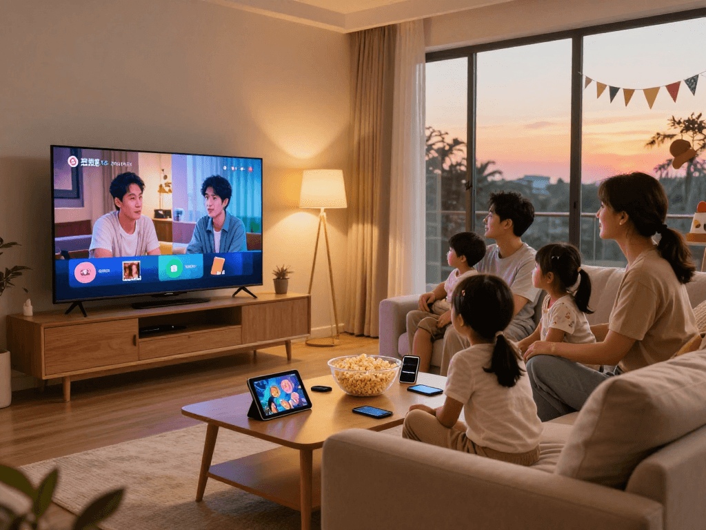 Famille profitant d'Atlas Pro 2026 sur un téléviseur dans un salon moderne
