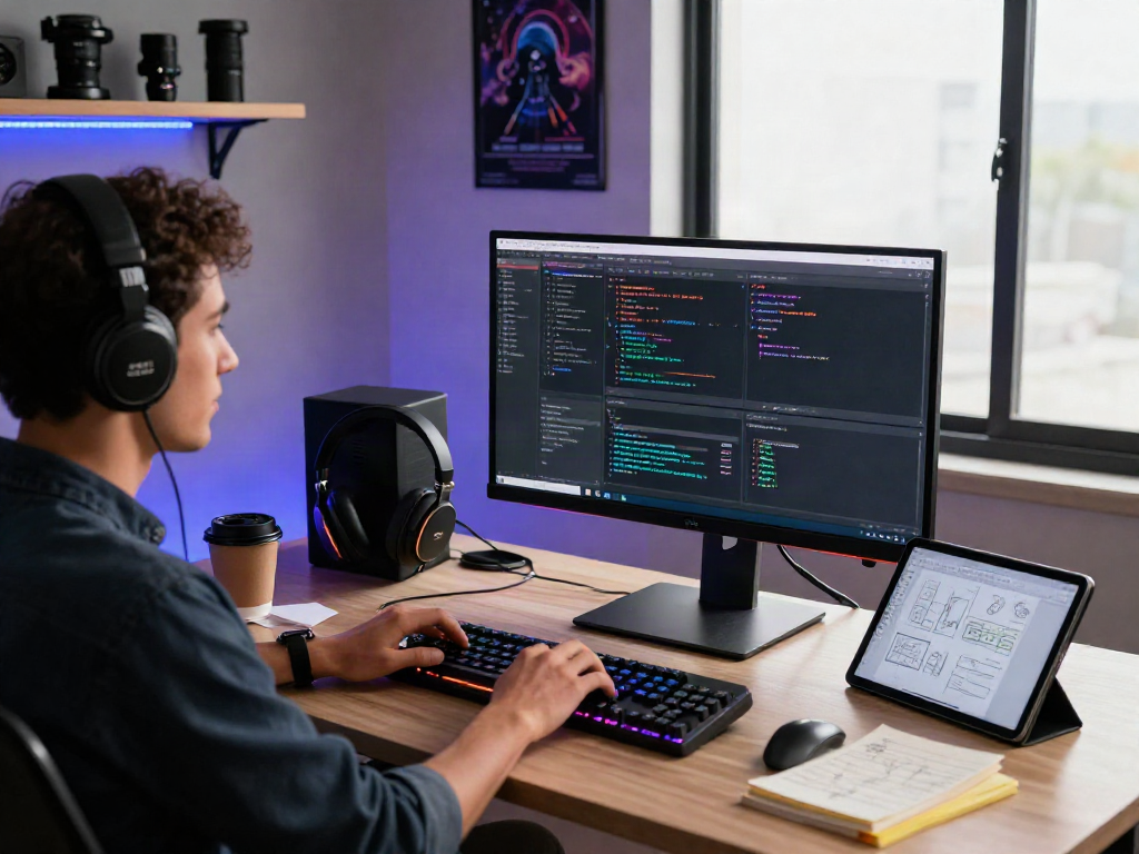 Scène de travail moderne avec Iron tv pro en codage sur un bureau stylé, ambiance tech dynamique.