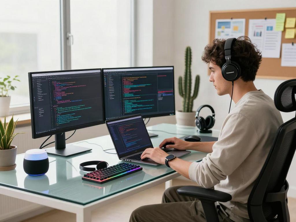 Un ingénieur logiciel au travail dans un espace moderne, mettant en avant Atlas pro et l'innovation technologique.