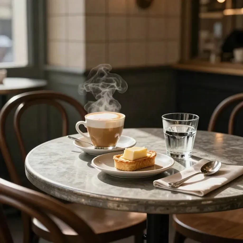 Table calme dans un café du 11e, cappuccino, tartine beurrée et verre d’eau, lumière douce du matin.