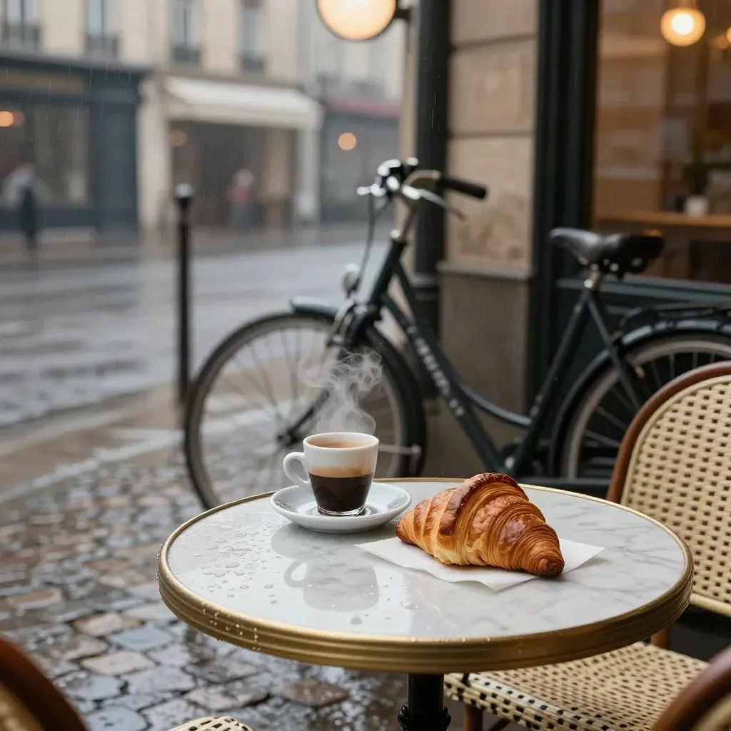 Terrasse de bistrot parisien sous la pluie, espresso, croissant et vélo devant une façade haussmannienne.
