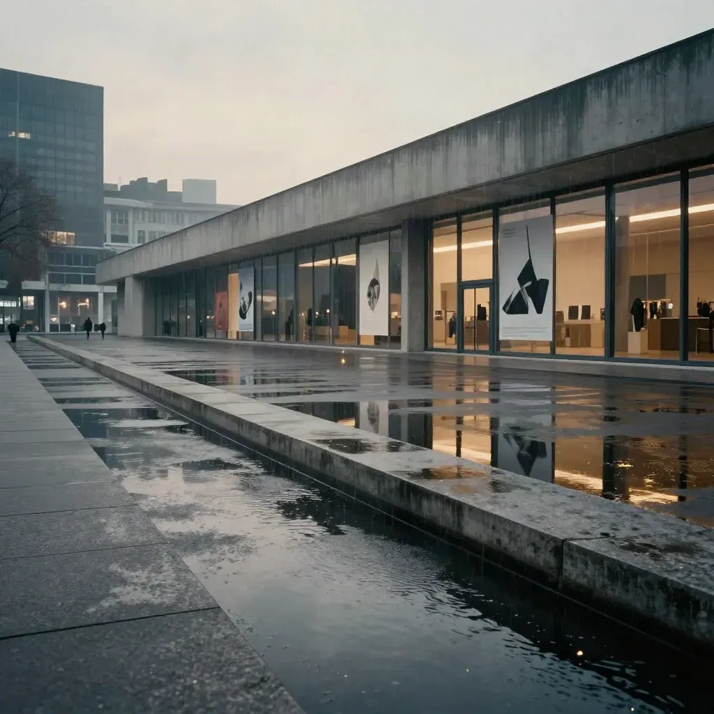 Parvis du Palais de Tokyo au crépuscule, pluie fine, reflets dorés et façade de verre sombre.