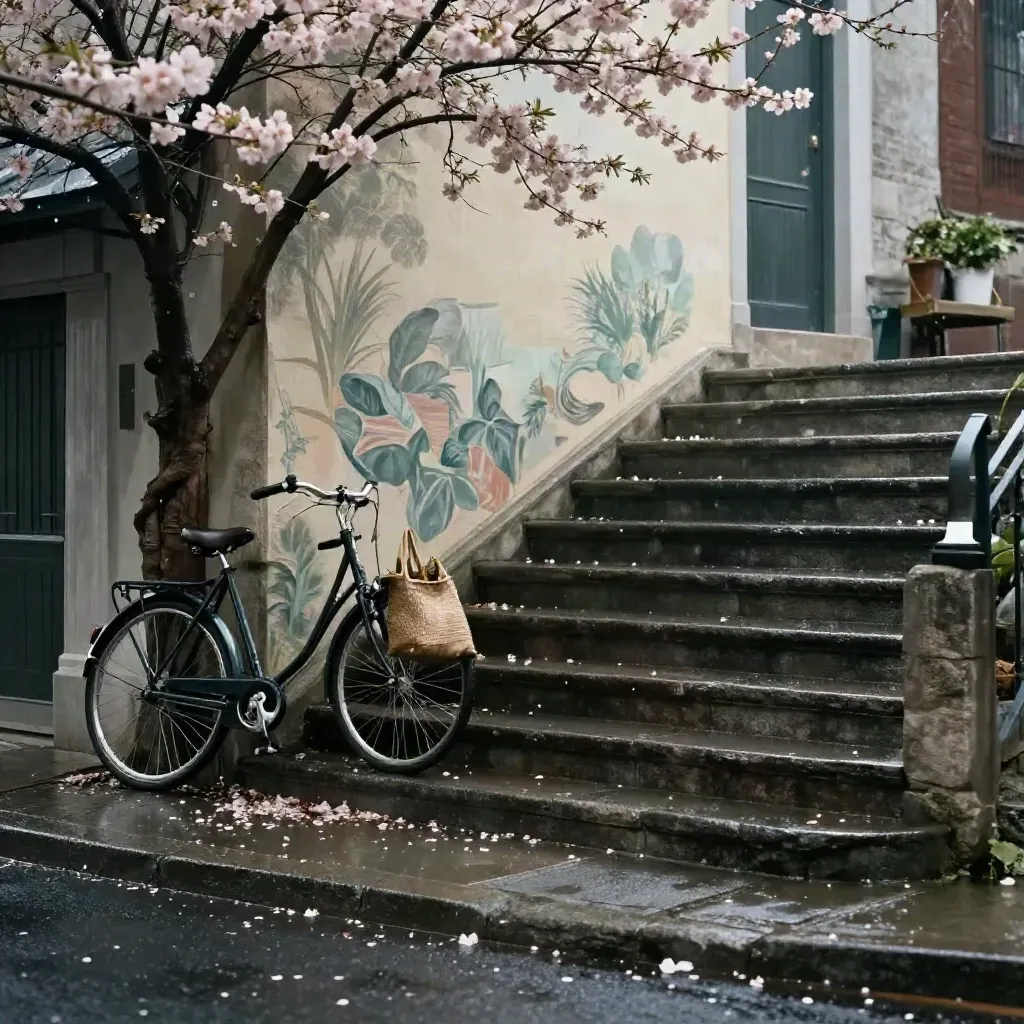 Escaliers de Belleville mouillés, vélo noir, sac de marché et fleurs rosées après la pluie.