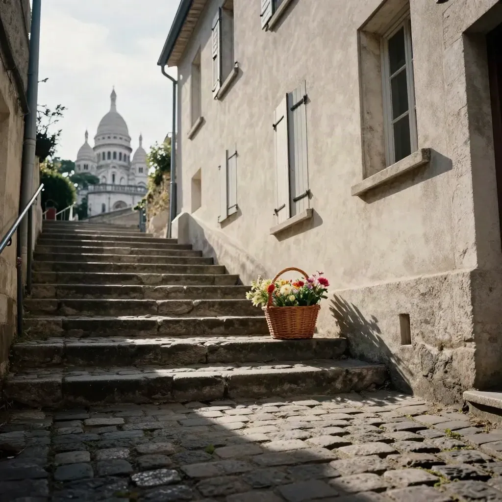 Ruelle pavée de Montmartre avec escalier, façade crème, fleurs et Sacré-Cœur au loin.