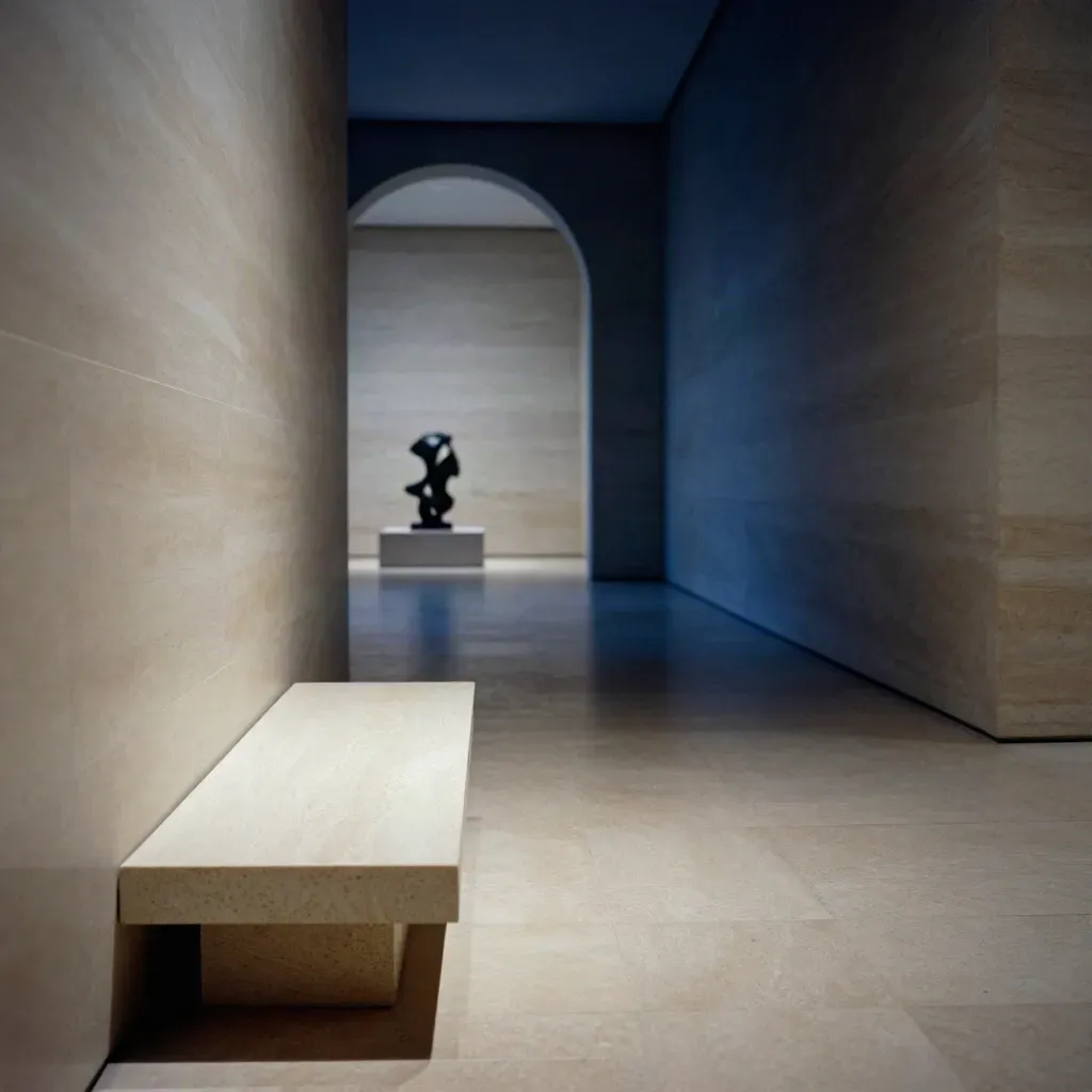 Hall de musée presque vide, banc en bois et sculpture lointaine dans une lumière rasante.