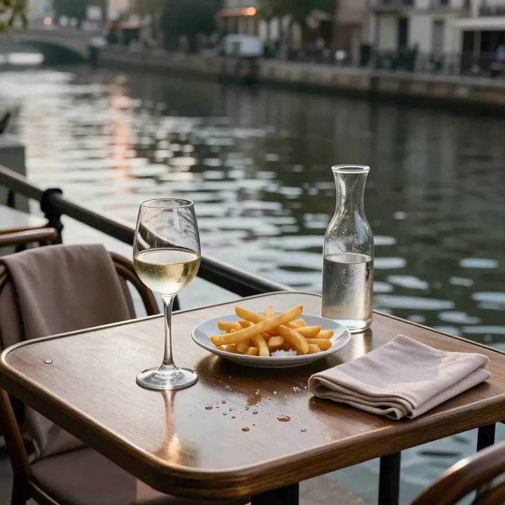 Table de bistrot au bord du Canal Saint-Martin, verre de blanc, frites et reflets ondoyants.