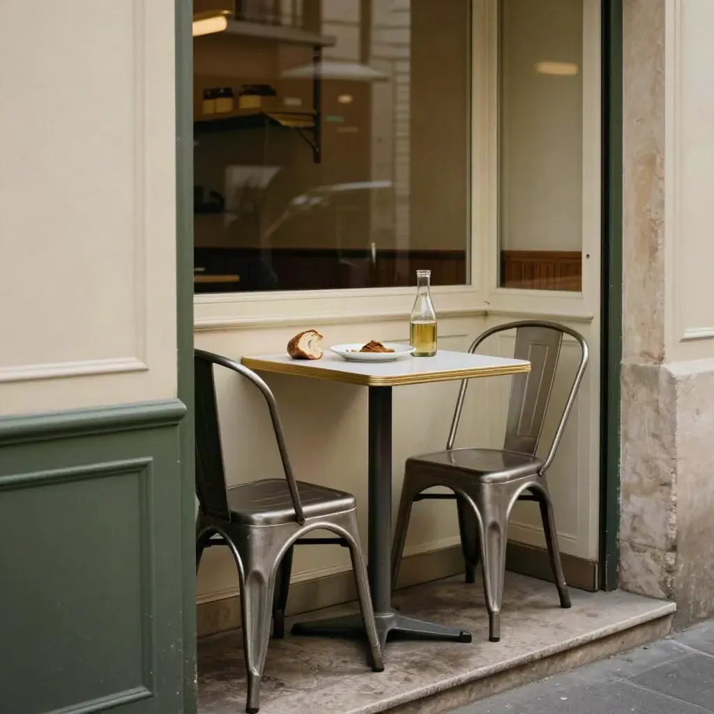 Bistrot du 3e au midi, chaises en métal, pain, carafe et plat du jour près de la fenêtre.