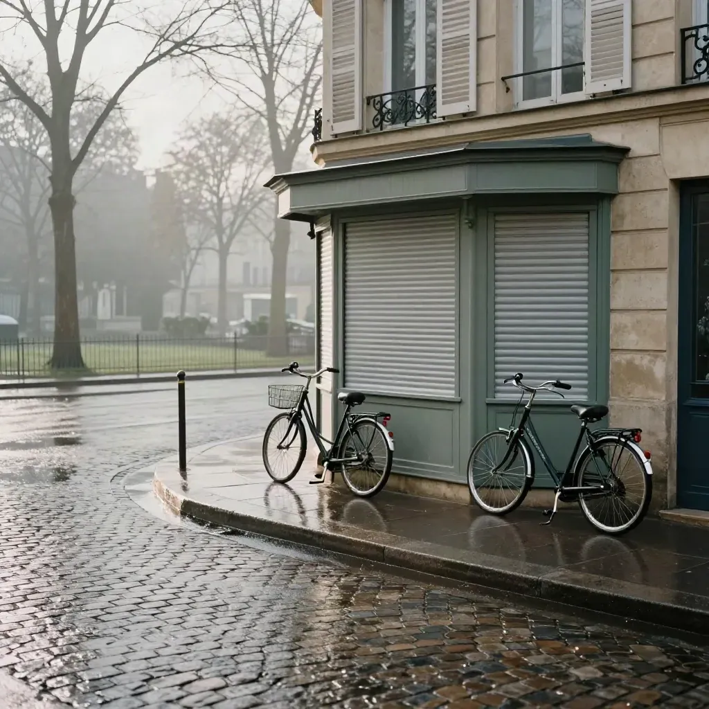 Rue parisienne humide le dimanche, kiosque fermé, vélos, volets mi-clos et parc au fond.