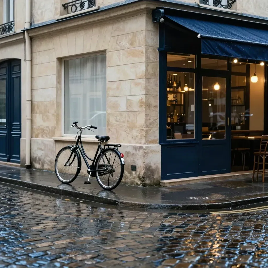 Rue pavée du Marais après la pluie, vélo noir, façade blonde et café d’angle en retrait.