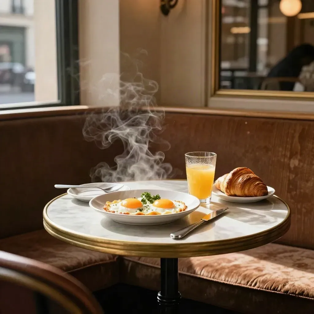 Table de brunch cosy dans un café du 10e, avec œufs, croissant, jus d’orange et vapeur.