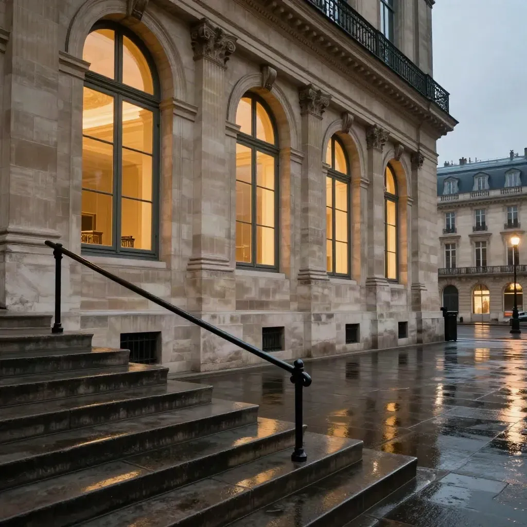 Façade d’un musée parisien au crépuscule, parvis vide et reflets sur le sol