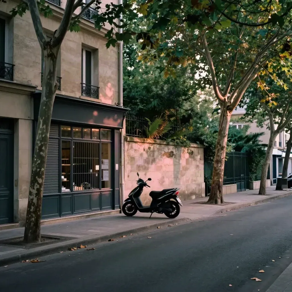 Rue calme du 5e avec librairie fermée, scooter, mur de pierre et jardin au fond.