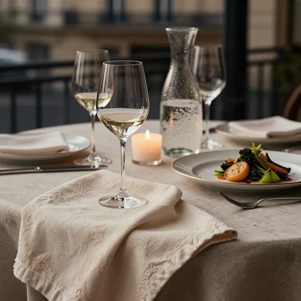 Table de dîner rive gauche, plats servis, verres, carafe et bougie sur fond sombre parisien.