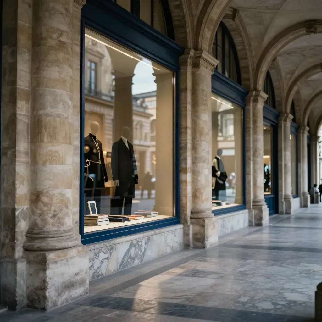 Arcades du Palais-Royal en contre-plongée, vitrines réfléchissantes, marbre et reflets bleus.