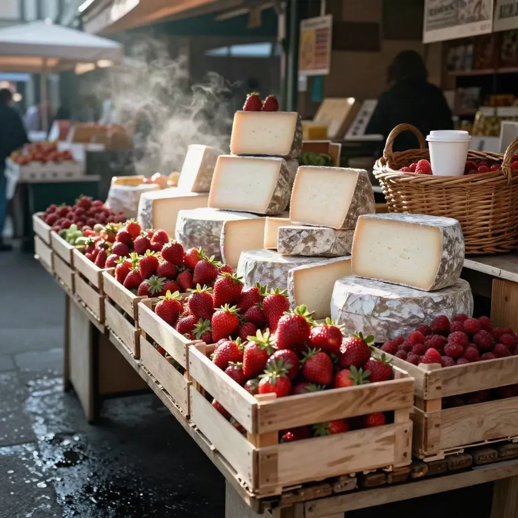 Étal du marché d’Aligre avec fruits rouges, fromages, cagettes en bois et café du matin.