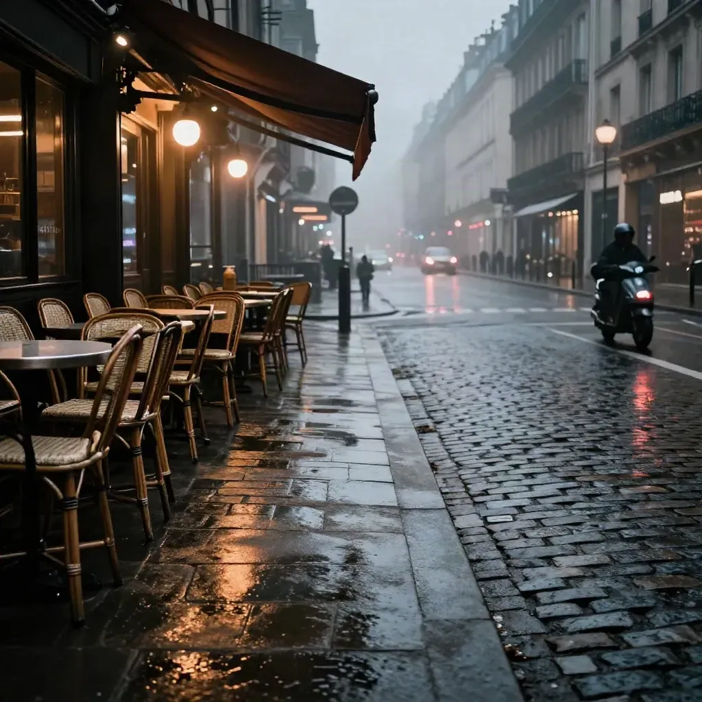 Rue humide à Bastille la nuit, chaises empilées et reflets de néon au carrefour.