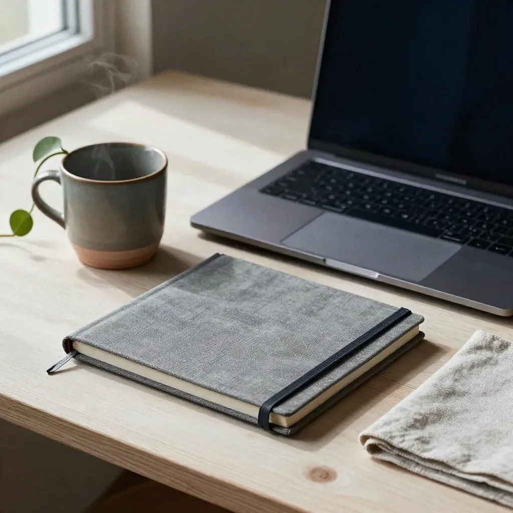 Ordinateur portable fermé, carnet, tasse en grès, pothos et sous-main en lin sur bureau clair.