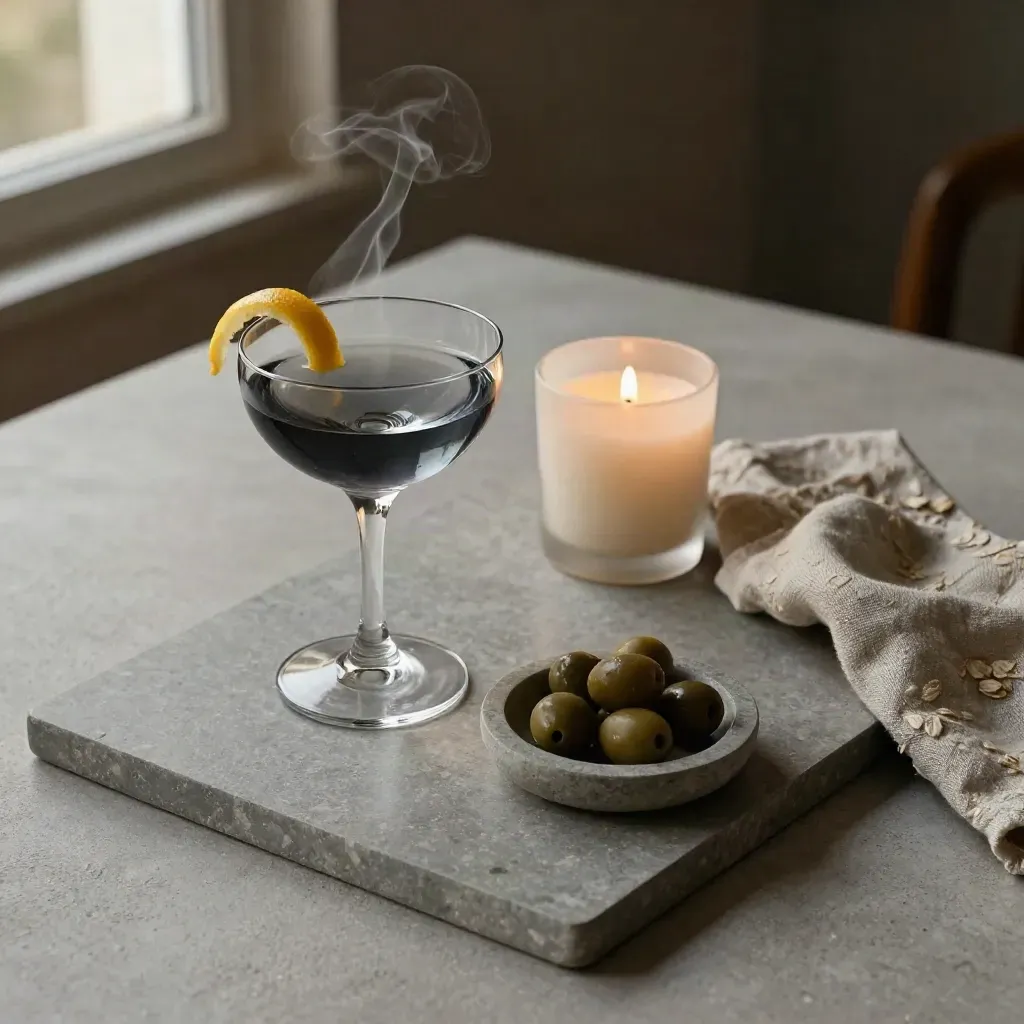 Coupe à cocktail sombre, bougie, linge froissé et olives sur plateau de pierre.
