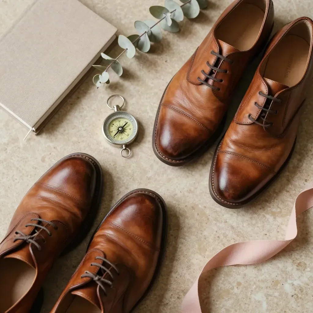 Souliers de marche, carnet, boussole et eucalyptus sur pierre claire.