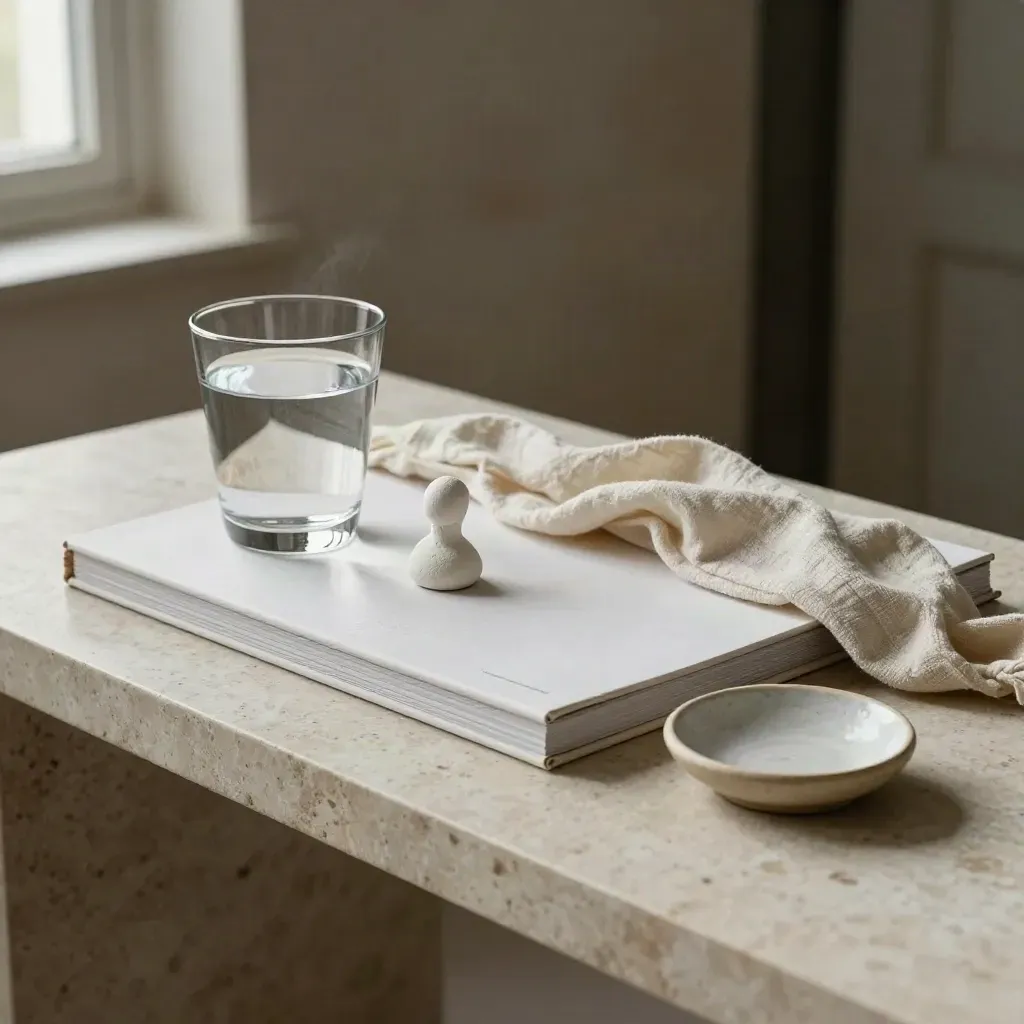 Catalogue d’art, sculpture en plâtre et verre d’eau sur console de galerie, lumière douce.