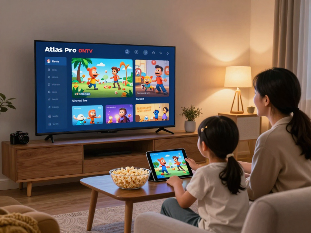 Famille profitant de l'application atlas pro ontv sur leur Smart TV dans un salon accueillant.